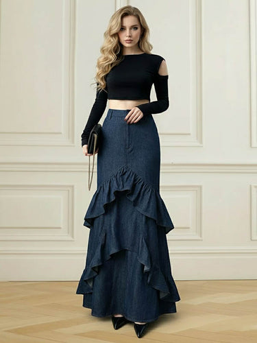 Bodycon High Waisted Ruffled Solid Color Split-Joint Skirts Bottoms