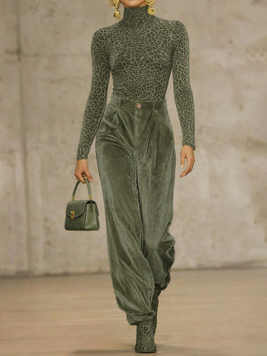 Long Sleeves Skinny Leopard High Neck T-Shirts Tops