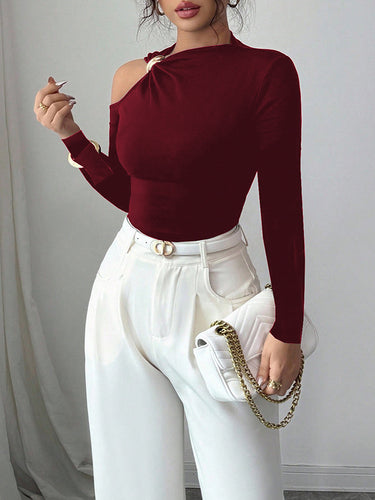 1716269 Long Sleeves Skinny Asymmetric Solid Color Asymmetric Neckline T-Shirts