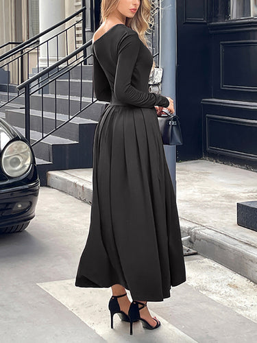 1731817 High Waisted Long Sleeves Pleated Solid Color Split-Front One-Shoulder Maxi Dresses