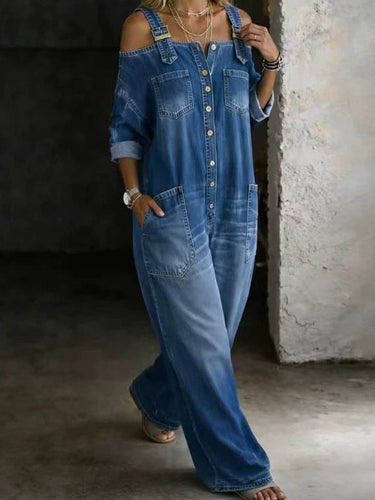 1782311 Long Sleeves Loose Buttoned Pockets Solid Color Adjustable Straps Overalls