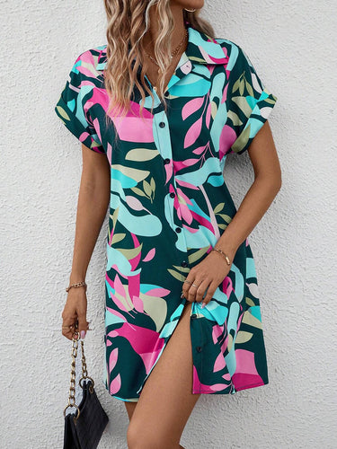 1780325 Short Sleeves Buttoned Contrast Color Printed Lapel Mini Dresses Shirt Dress
