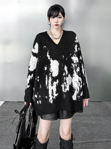 1720209 Long Sleeves Loose Abstract Printed Contrast Color Ribs Split-Joint V-Neck Sweater Tops