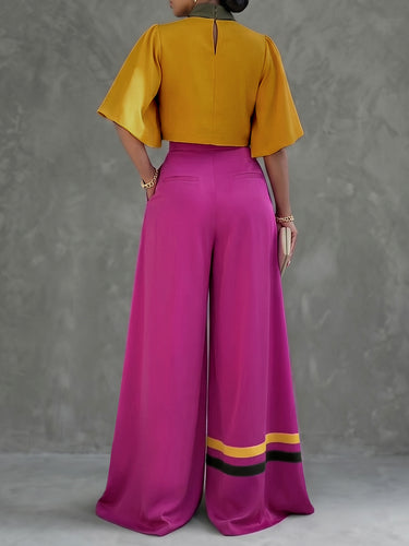 Cropped Flared Sleeves Contrast Color Pleated Stand Collar Blouses&Shirts Tops