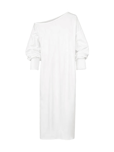 Long Sleeves Loose Solid Color Split-Side One-Shoulder Midi Dresses