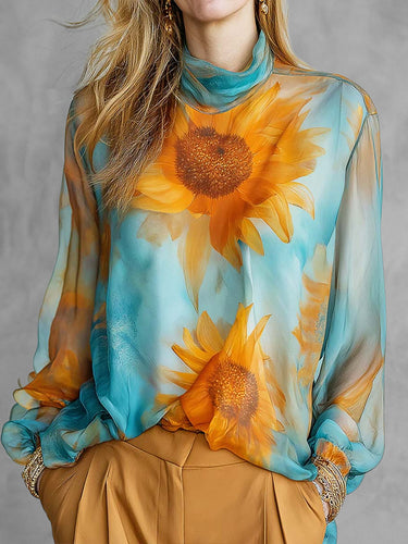 1781351 Long Sleeves Loose Contrast Color Flower Print See-Through Mock Neck Blouses&Shirts Tops