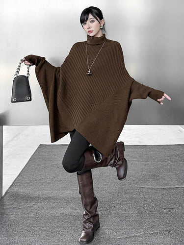 1726294 Batwing Sleeves Irregularity Asymmetric Ribbed Knit Solid Color Split-Joint High Neck Sweater Tops