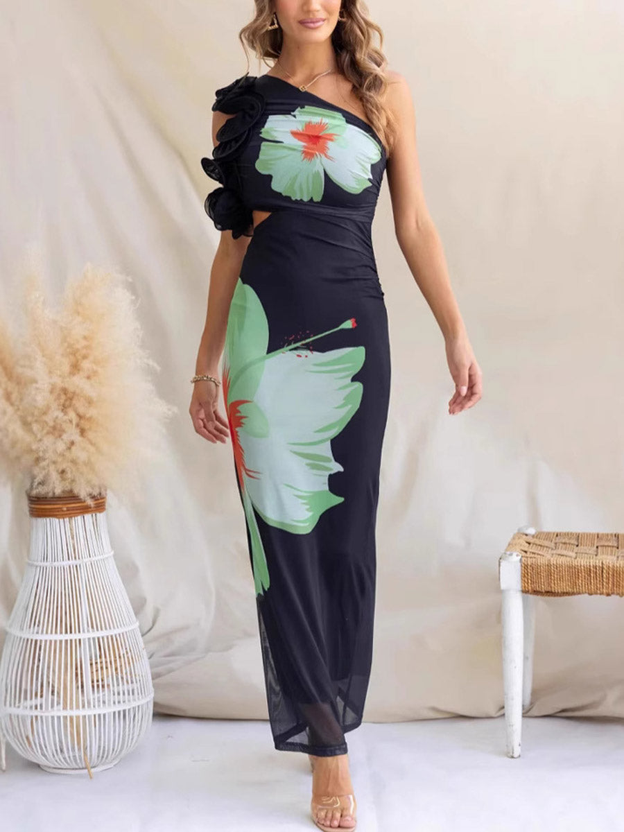 3D Flower One-Shoulder Bodycon Midi Dress – Uoozee official