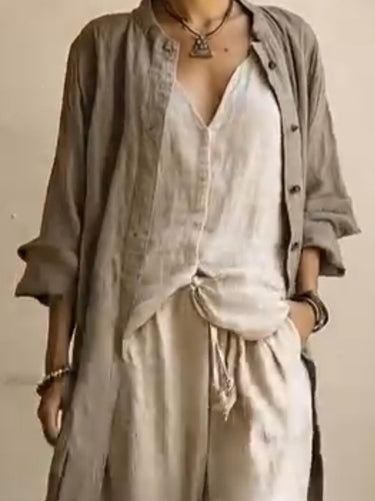 1782036 Long Sleeves Loose Buttoned Pockets Solid Color V-Neck Three Pieces Set