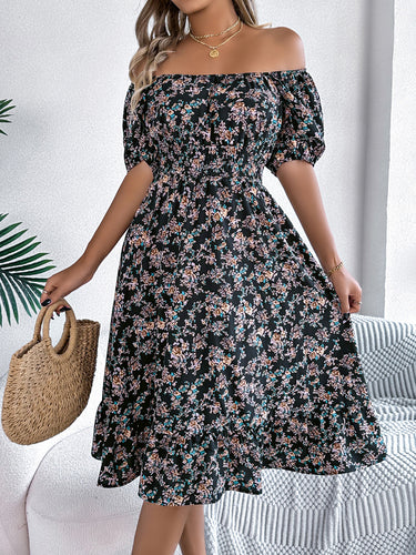 1783919 A-Line Short Sleeves Contrast Color Elasticity Flower Print Ruffle Trim Split-Joint Square-Neck Midi Dresses