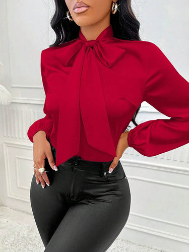 1729162 Long Sleeves Loose Bow-Embellished Pleated Solid Color Split-Joint Scarf Collar Blouses&Shirts Tops