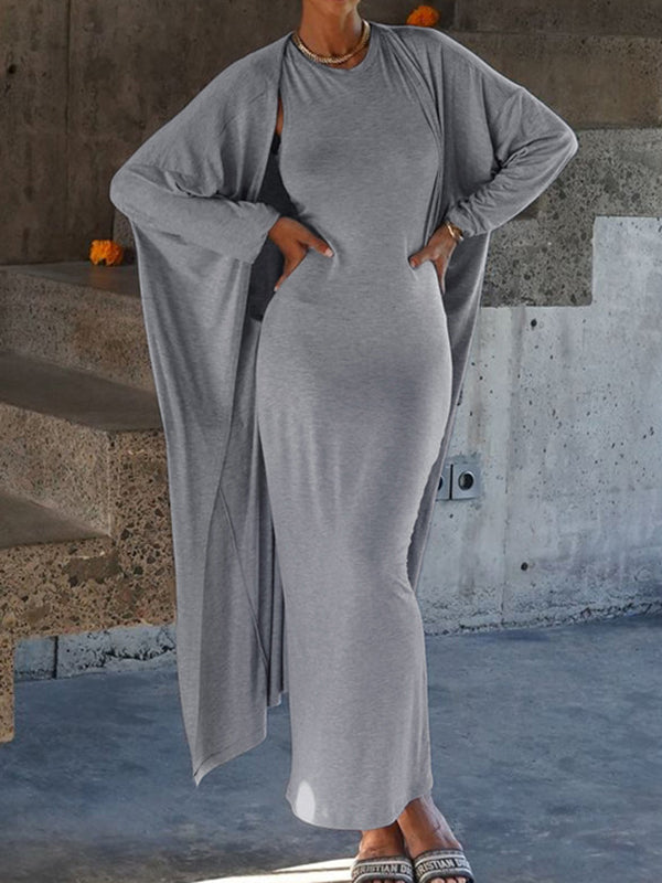 Long Sleeves Solid Color Round-Neck Inner Dress + Bodycon Outerwear Tw ...