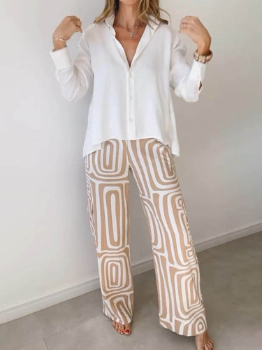 1782293 Long Sleeves Buttoned Solid Color Lapel Blouses&Shirts Tops + High Waisted Pockets Printed Pants Two Pieces Set