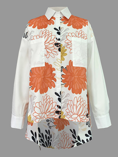 High-Low Long Sleeves Floral Printed Split-Joint Split-Side Lapel Blouses&Shirts Tops