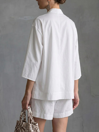 1782054 Loose Three-Quarter Sleeves Buttoned Pockets Solid Color V-Neck Blouse Top + Shorts Bottom Two Pieces Set