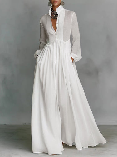 A-Line High Waisted Buttoned Pleated Pockets Solid Color Split-Joint Stand Collar Maxi Dresses Shirt Dress