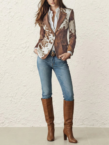Long Sleeves Buttoned Contrast Color Pockets Printed Split-Back Notched Collar Blazer Outerwear