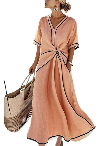 1777880 A-Line High Waisted Contrast Color Knot Line Pleated Pockets V-Neck Midi Dresses