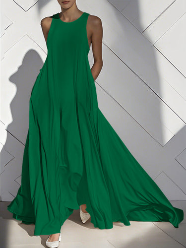 1668537 Loose Sleeveless Pockets Solid Color Split-Joint Round-Neck Maxi Dresses