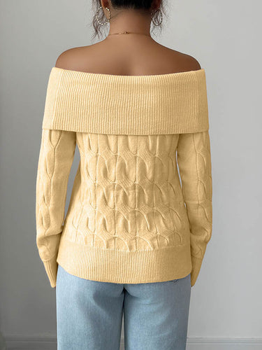 1724617 Long Sleeves Solid Color Split-Joint Off-The-Shoulder Pullovers Sweater Tops