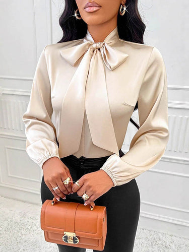 1729146 Long Sleeves Loose Bow-Embellished Pleated Solid Color Split-Joint Scarf Collar Blouses&Shirts Tops