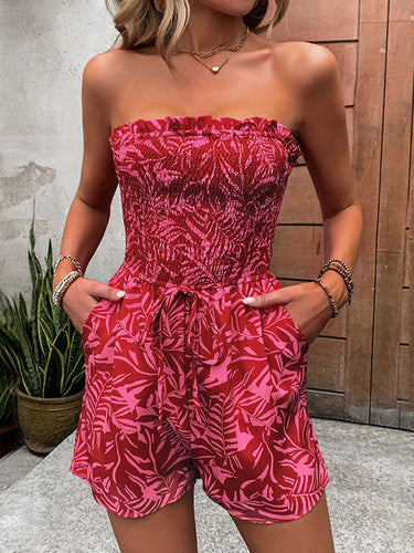 1768561 Sleeveless Leaves Print Pleated Pockets Solid Color Split-Joint Tied Waist Tube Rompers