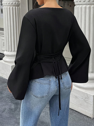 1713807 Elasticated Waist Flared Sleeves Solid Color Split-Joint Tied Waist Round-Neck T-Shirts Tops