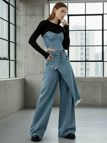 High Waisted Irregularity Asymmetric Buttoned Fringed Interlace Layered Pockets Solid Color Jean Pants Bottoms