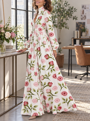 Split-Joint Pockets Pleated Flower Print Contrast Color Buttoned Plus Size Loose Stand Collar Maxi Dresses