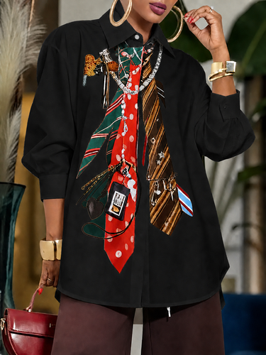 Loose Three-Quarter Sleeves Buttoned Contrast Color Printed Split-Joint Lapel Blouses&Shirts Tops
