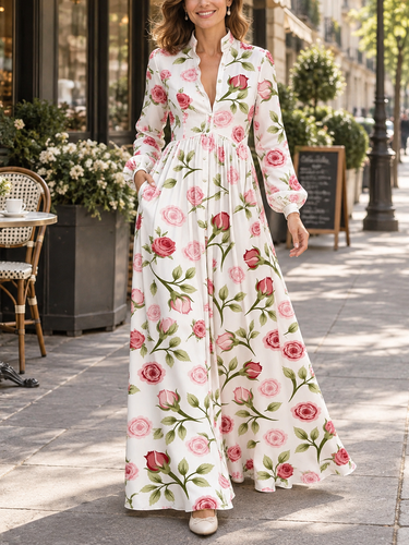 Split-Joint Pockets Pleated Flower Print Contrast Color Buttoned Plus Size Loose Stand Collar Maxi Dresses