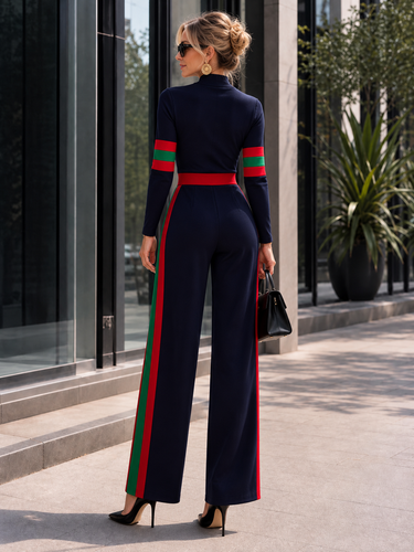 Elastische taille, lange mouwen, contrastkleurige zakken, gestreepte halve col-jumpsuits