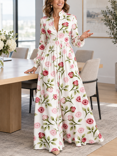 Split-Joint Pockets Pleated Flower Print Contrast Color Buttoned Plus Size Loose Stand Collar Maxi Dresses