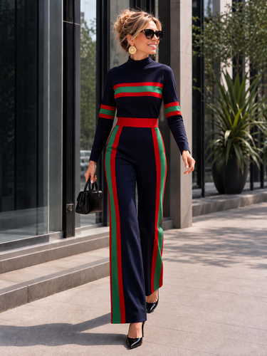 Elastische taille, lange mouwen, contrastkleurige zakken, gestreepte halve col-jumpsuits