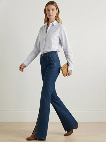 1731106 Flared Pants High Waisted Buttoned Contrast Color Split-Joint Split-Side Pants