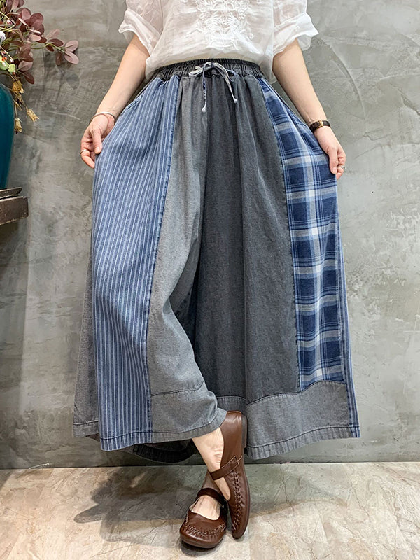 Contrast Color Pleated Split-Joint Loose Ninth Pants Jean Pants Bottoms