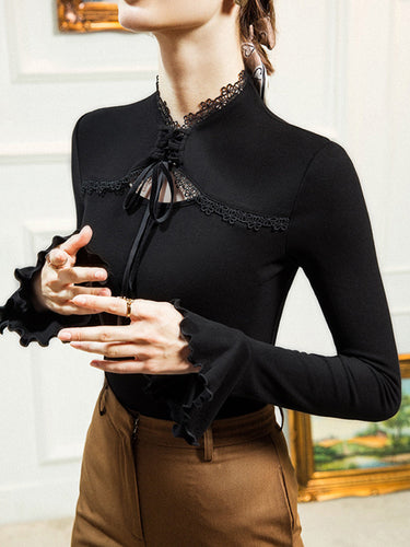 1729446 Flared Sleeves Long Sleeves Bow-Embellished Flower Shape Hollow Solid Color Split-Joint Tied Half Turtleneck Blouses&Shirts Tops