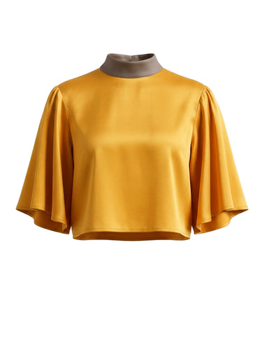 Cropped Flared Sleeves Contrast Color Pleated Stand Collar Blouses&Shirts Tops