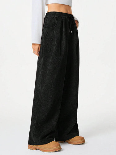 1734583 High Waisted Wide Leg Drawstring Elasticity Pockets Solid Color Pants Trousers
