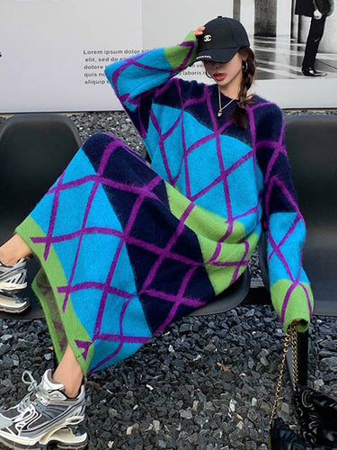 1720338 Long Sleeves Loose Contrast Color Plaid Split-Joint Round-Neck Midi Dresses Sweater Dresses