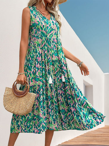 1749516 A-Line Loose Contrast Color Printed Split-Joint V-Neck Maxi Dresses