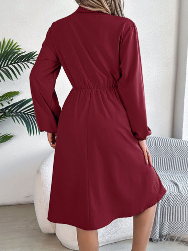 1756176 A-line Long Sleeves Buttoned Pleated Solid Color Tied Lapel Midi Dresses Shirt Dress