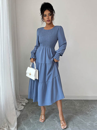 1731557 Elasticated Waist High Waisted Pleated Solid Color Split-Joint Round-Neck Midi Dresses