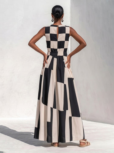 1786504 A-Line High Waisted Buttoned Contrast Color Plaid Pockets Printed Round-Neck Maxi Dresses