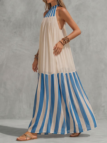 Vestidos maxi listrados listrados em linha A com cor contrastante e plissada