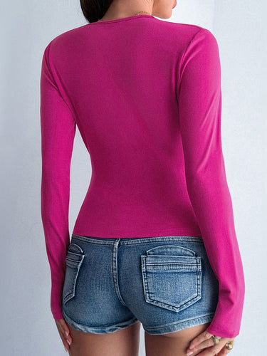 1733814 Long Sleeves Skinny Beads Contrast Color Pleated Split-Joint Deep V-Neck Blouses&Shirts Tops