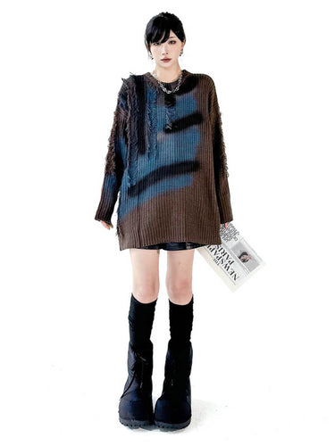 1720238 Irregularity Long Sleeves Abstract Printed Asymmetric Contrast Color Split-Joint Tasseled Round-Neck Sweater Tops