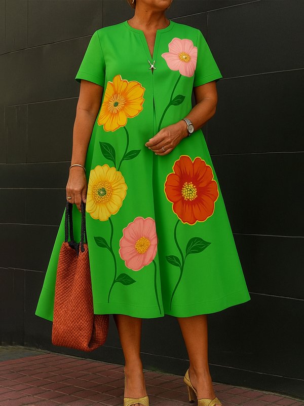 Printed V-Neck Half Sleeve Midi Dress | A-Line Long Cotton Floral Dress