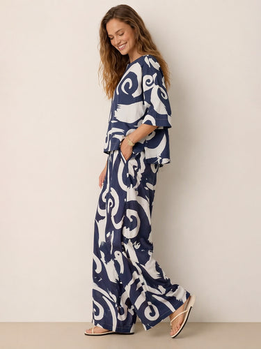 1784559 Printed Contrast Color Loose Three-Quarter Sleeve Round-Neck Blouses&Shirts Tops + Elasticity Wide Leg  Pockets Pants Bottoms Two Pieces Set