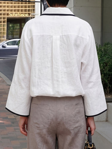 1781422 Flared Sleeves Long Sleeves Solid Color Split-Joint Lapel Blouses&Shirts Tops